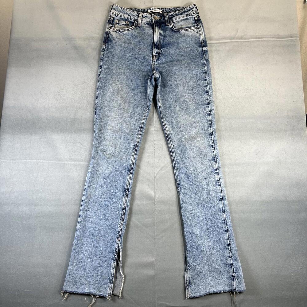 Zara Jeans Womens 4 Blue Light Acid Wash Slim Distressed Ripped Boot Hem